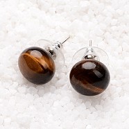 Tiger Eye Stud Earrings, with Platinum Tone Brass Findings, 21.5x12mm, Pin: 0.7mm(G-F267-09C)