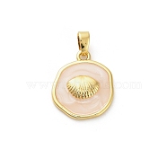 Brass Enamel Pendants, Flat Round with Shell Charm, Real 18K Gold Plated, Linen, 17.5x15x2.5mm, Hole: 5x2.5mm(KK-M314-08C-G01)