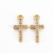Brass Clear Cubic Zirconia Charms, Nickel Free, Cross, Real 18K Gold Plated, 14x7x2mm, Hole: 1.2mm(KK-N233-109-NF)