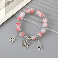 Chinese Style Round Glass Beaded Stretch Bracelets, Bowknot & Butterfly Charm Bracelets for Women, Antique Silver, Red(HP8595-1)