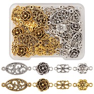 48Pcs 8 Style Tibetan Style Alloy  Connector Charms, Oval/Flower/Bowknot, Antique Silver & Antique Golden, 12~27x8~12x1.5~3.5mm, Hole: 1.5~2mm, 6pcs/style(FIND-FS0001-69)