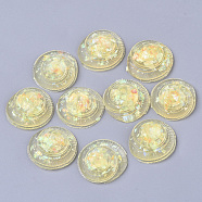 Transparent Epoxy Resin Cabochons, Imitation Jelly Style, with Sequins/Paillette, Shell Shape, Champagne Yellow, 23.5~24.5x22.5x9.5mm(X-CRES-T020-09D)