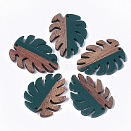 Resin & Walnut Wood Pendants, Tropical Leaf Charms, Monstera Leaf, Dark Slate Gray, 37.5x30x3~3.5mm, Hole: 2mm(RESI-S358-57F)