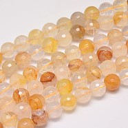 Faceted Natural Yellow Hematoid Quartz Round Beads Strands, Ferruginous Quartz, 8mm, Hole: 1mm, about 47pcs/strand, 15 inch(G-F266-10-8mm)