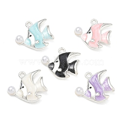 Alloy Enamel Pendants, Tropical Fish Charm, with Plastic Pearl, Mixed Color, 15x17x4mm, Hole: 2mm(AL-CBAC700-05S)