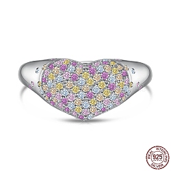 Rhodium Plated 925 Sterling Silver Heart Adjustable Rings with Colorful Cubic Zirconia, with S925 Stamp, Real Platinum Plated, US Size 7(17.3mm)(RJEW-F150-50P)