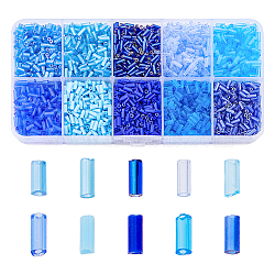 10 Colors Blue Series Transparent Colours Luster Glass Bugle Beads, Round Hole, Mixed Color, 3~8x2mm, Hole: 0.7mm, about 10g/color(SEED-DC0001-07)