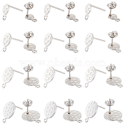 48Pcs 4 Style 304 Stainless Steel Stud Earring Findings, with Vertical Loops & Ear Nuts, Textured Flat Round, Stainless Steel Color, 9.5~15.5x6~12x0.8~1mm, Hole: 1.8mm, Pin: 0.8mm, 12Pcs/style(STAS-SC0007-31)