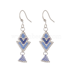 Rhombus Handmade Loom Pattern Glass Seed Beaded Dangle Earrings, Brass Jewelry for Women, Blue, 49mm, Pin: 0.7mm(EJEW-MZ00036-02)