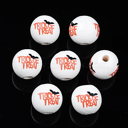 Halloween Printed Natural Wood Beads, Round with Word Trick or Treat, Coral, 15.5x14.5mm, Hole: 4mm(WOOD-S057-078)