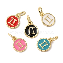 Real 18K Gold Plated Brass Enamel Charms, with Jump Ring, Long-Lasting Plated, Lead Free & Cadmium Free, Flat Round with Gemini Charms, Mixed Color, 10x8x1mm, Hole: 4mm(KK-L216-001G-I)