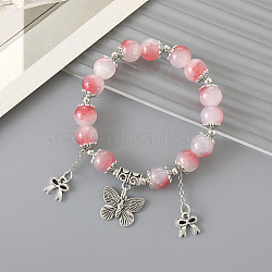 Chinese Style Round Glass Beaded Stretch Bracelets, Bowknot & Butterfly Charm Bracelets for Women, Antique Silver, Red(HP8595-1)