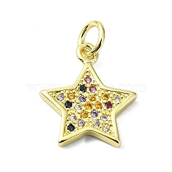 Brass Micro Pave Colorful Cubic Zirconia Pendants, with Jump Ring, Star Charm, Real 18K Gold Plated, 15x12.5x1.5mm, Hole: 3mm(KK-H475-19G-04)