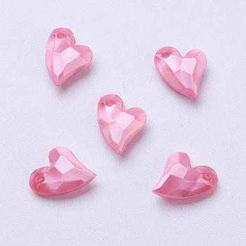 Acrylic Pendants, Imitation Pearl, Heart, Faceted, Pink, 14x12x4mm, Hole: 1mm