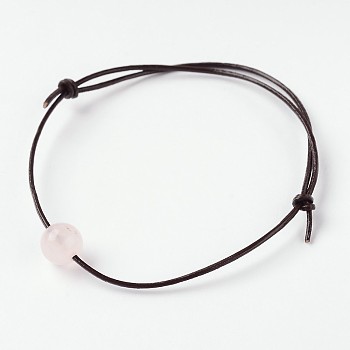 Adjustable Cowhide Leather Cord Bracelets, with Natural Rose Quartz Round Beads, 60mm