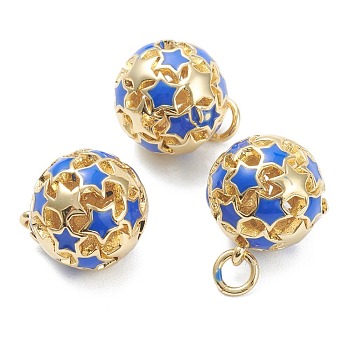 Brass Enamel Charms, with Jump Ring, Real 18K Gold Plated, Long-Lasting Plated, Round with Star, Blue, 14.5x12.5mm, Jump Ring: 5x1mm, Hole: 3mm
