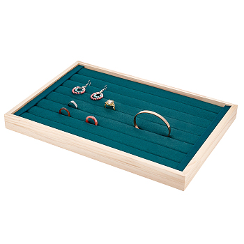 7-Slot Rectangle Wood Ring Display Stands, Finger Rings Organizer Hoder Tray, with Velvet, Dark Green, 35.5x24.3x3cm, Inner Diameter: 34x22.7cm