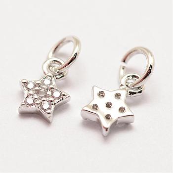 Brass Micro Pave Grade AAA Cubic Zirconia Charms, Long-Lasting Plated, Star, Cadmium Free & Nickel Free & Lead Free, Real Platinum Plated, 8x5x2mm, Hole: 3mm