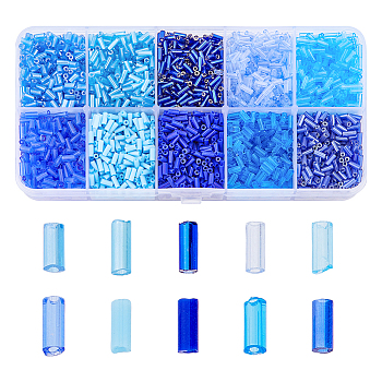 10 Colors Blue Series Transparent Colours Luster Glass Bugle Beads, Round Hole, Mixed Color, 3~8x2mm, Hole: 0.7mm, about 10g/color