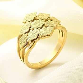 Textured Rhombus 304 Stainless Steel Finger Ring for Women, Real 18K Gold Plated, Inner Diameter: 17mm