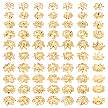 Elite 100Pcs 10 Styles Brass Bead Caps, Flower, Real 14K Gold Plated, 7~8.5x7~8.5x2~3.5mm, Hole: 1~1.8mm, 10pcs/style