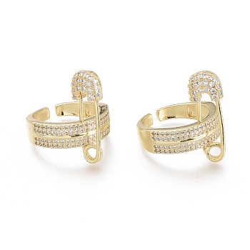 Brass Micro Pave Clear Cubic Zirconia Cuff Rings, Open Rings, Safety Pin Shape, Golden, Size 6, Inner Diameter: 17mm