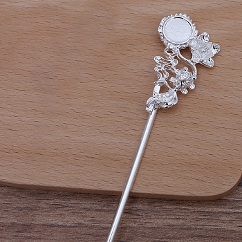 Iron Hair Stick Findings, with Alloy Cabochons Setting, Flower with Fish, Silver, Tray: 10mm, 155x25x6mm, Pin: 2.5mm