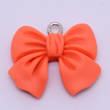 Resin Pendants, with Platinum Plated Iron Screw Eye Pin Peg Bails, Bowknot, Orange Red, 19x22x5mm, Hole: 1.8mm