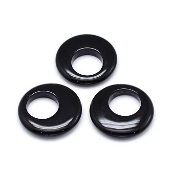 Natural Black Agate Flat Round Pendants, 25x5mm, Hole: 12mm