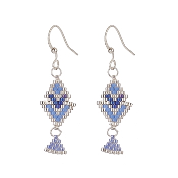 Rhombus Handmade Loom Pattern Glass Seed Beaded Dangle Earrings, Brass Jewelry for Women, Blue, 49mm, Pin: 0.7mm