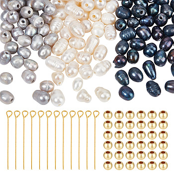 DIY Jewelry Making Finding Kit, Including Natural Pearl Loose Beads, Iron Eye Pin, Brass Round Spacer Beads, Mixed Color, 200Pcs/box