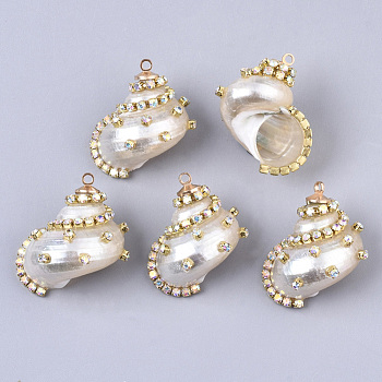 Natural Conch Shell Pendants, with Brass Rhinestone Cup Chains and Iron Loops, Golden, Floral White, 28.5~31x25.5~27.5x16~17.5mm, Hole: 1.8mm