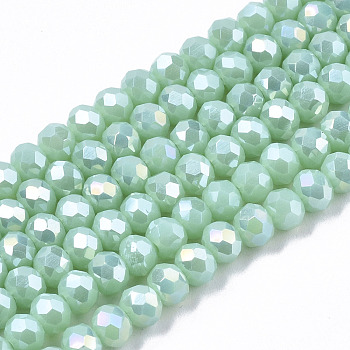 Electroplate Glass Beads Strands, Opaque Solid Color, AB Color Plated, Faceted, Rondelle, Turquoise, 10x8mm, Hole: 1mm, about 63~65pcs/strand, 49~50cm