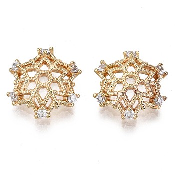 Brass Micro Pave Clear Cubic Zirconia Beads, Nickel Free, Flower, Real 18K Gold Plated, 12x11x3mm, Hole: 1.2mm