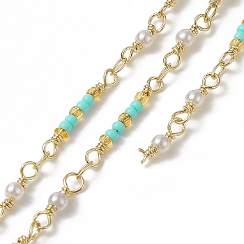Handmade Plastic Imitation Pearl & Round Beaded Chains, with Rack Plating Golden Brass Findings, Unwelded, with Card Paper, Aquamarine, 17.5x2x2mm, 11~12x3x3mm