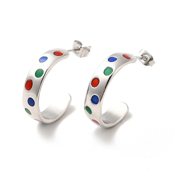Colorful Enamel Polka Dot Pattern Stud Earrings, 304 Stainless Steel Half Hoop Earrings for Women, Stainless Steel Color, 21x5.5x21mm, Pin: 0.8mm