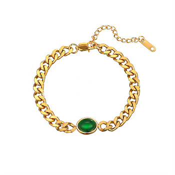 Golden Stainless Steel Oval Link Bracelets, with Cuban Link Chains, Green, no size