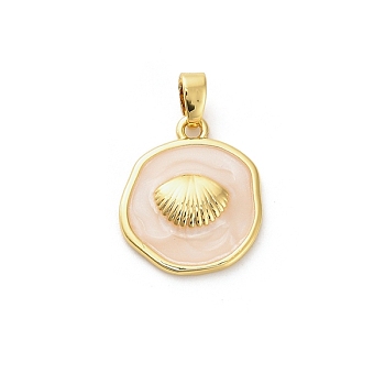 Brass Enamel Pendants, Flat Round with Shell Charm, Real 18K Gold Plated, Linen, 17.5x15x2.5mm, Hole: 5x2.5mm