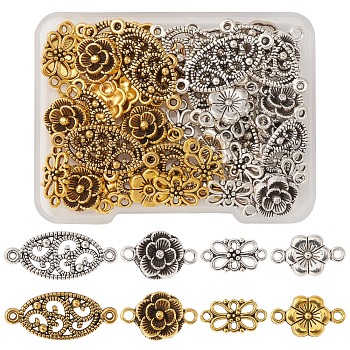 48Pcs 8 Style Tibetan Style Alloy  Connector Charms, Oval/Flower/Bowknot, Antique Silver & Antique Golden, 12~27x8~12x1.5~3.5mm, Hole: 1.5~2mm, 6pcs/style