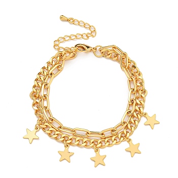 Brass Charm Bracelets for Women, Lobster Claw Clasps and Star Pendants, Real 18K Gold Plated, 6-7/8 inch(17.5cm), Pendant: 9x8mm