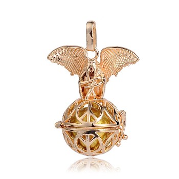 Golden Plated Brass Hollow Round Cage Pendants, with No Hole Spray Painted Brass Beads, Dark Khaki, 38x31x20mm, Hole: 3x8mm