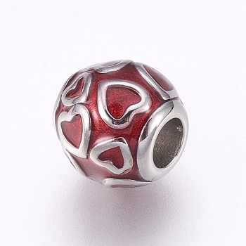 304 Stainless Steel European Beads, Large Hole Beads, with Enamel, Rondelle with Heart, Stainless Steel Color, Dark Red, 10.5x10mm, Hole: 4.5mm