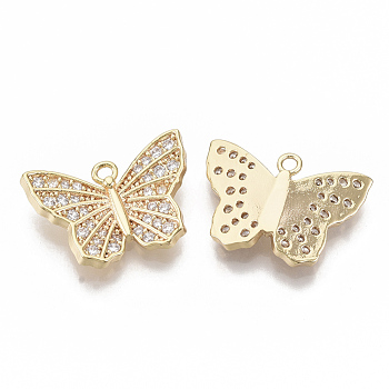 Brass Micro Pave Cubic Zirconia Charms, Nickel Free, Butterfly, Clear, Real 18K Gold Plated, 13x19x4mm, Hole: 1.6mm