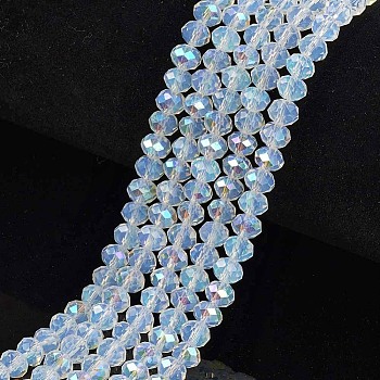 Electroplate Glass Beads Strands, Imitation Jade Beads, Half Plated, Rainbow Plated, Faceted, Rondelle, Clear, 8x6mm, Hole: 1mm, about 63~65pcs/strand, 39~40cm