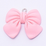 Resin Pendants, with Platinum Plated Iron Screw Eye Pin Peg Bails, Bowknot, Pearl Pink, 25x28x5mm, Hole: 1.8mm(RESI-TAC0001-01L-C)