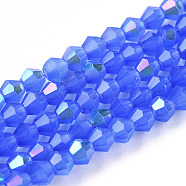 Imitation Jade Electroplate Glass Beads Strands, AB Color Plated, Faceted, Bicone, Royal Blue, 2.9~3.3x2.5mm, Hole: 0.7mm, about 145~150pcs/strand, 16.34~16.54 inch(41.5~42cm)(EGLA-A039-J2mm-L04)