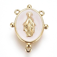 Golden Plated Brass Chandelier Component Links, with Enamel, Oval with Virgin Mary, White, 17.5x13x2mm, Hole: 0.8mm(KK-L155-03B-G)