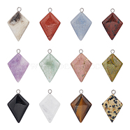 12Pcs 12 Styles Natural Gemstone Pendants, Kite Charms, with Stainless Steel Color Tone Stainless Steel Loops, 28x18x6~7mm, Hole: 2mm, 1pc/style(G-UN0001-21)