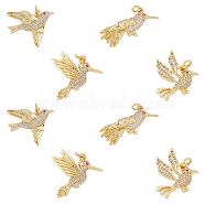 8Pcs 4 Styles Brass Micro Pave Cubic Zirconia Pendants, Bird Charm, with Jump Ring, Real 18K Gold Plated, 20~25x12~24x3~4mm, Hole: 3mm, 2pcs/style(ZIRC-DC0001-27)