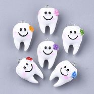 Resin Pendants, with Platinum Plated Iron Findings, Tooth, Mixed Color, 32~34x21~22x17~18mm, Hole: 2mm(X-RESI-T028-15)